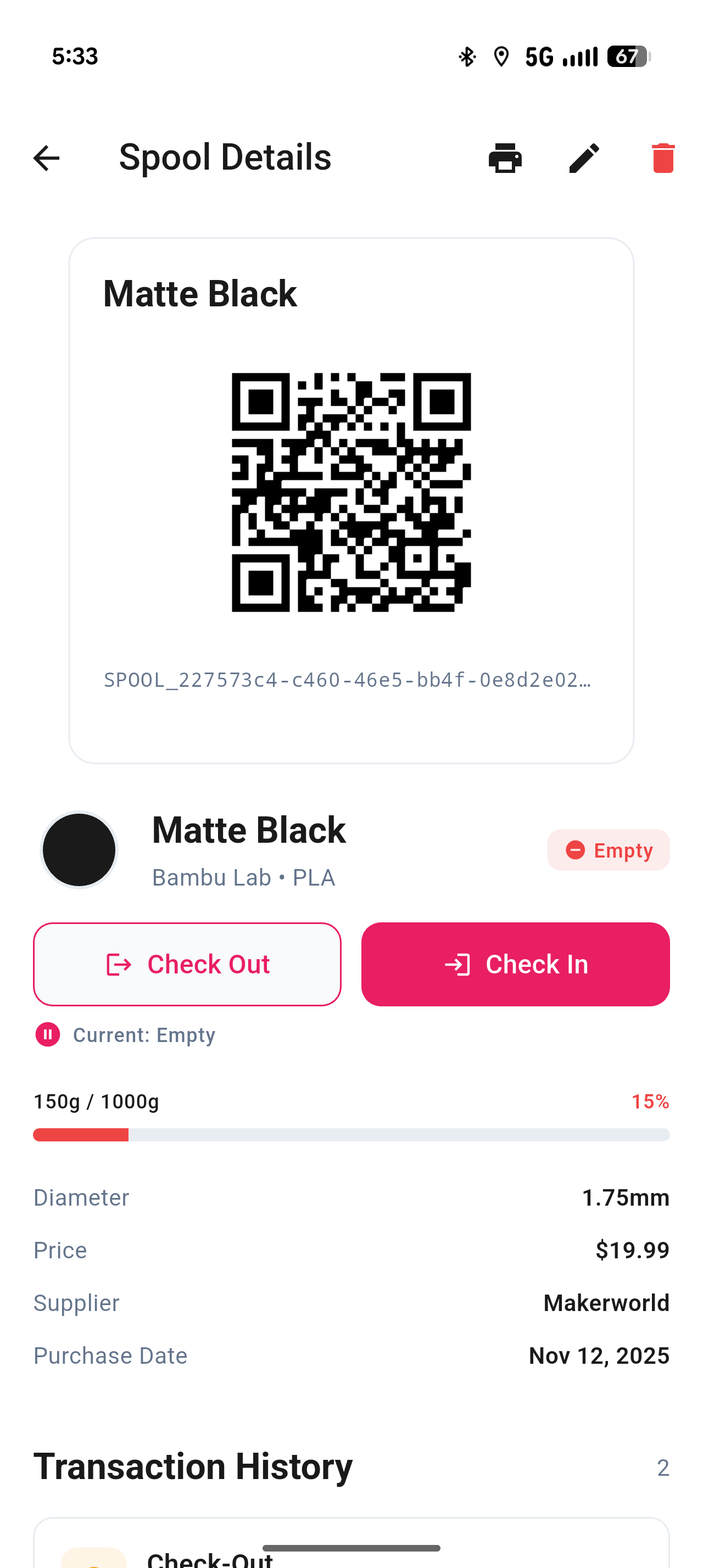 Spool Details Screen